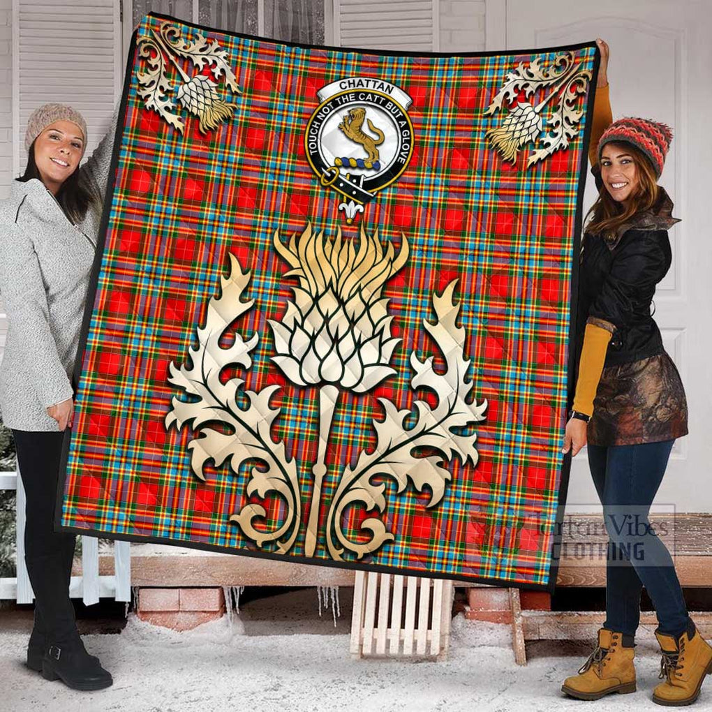 Tartan Vibes Clothing Chattan Tartan Quilt with Family Crest and Golden Thistle Style