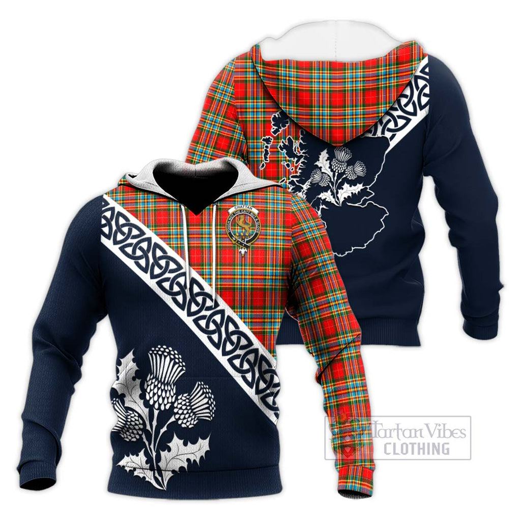 Tartan Vibes Clothing Chattan Tartan Knitted Hoodie Featuring Thistle and Scotland Map