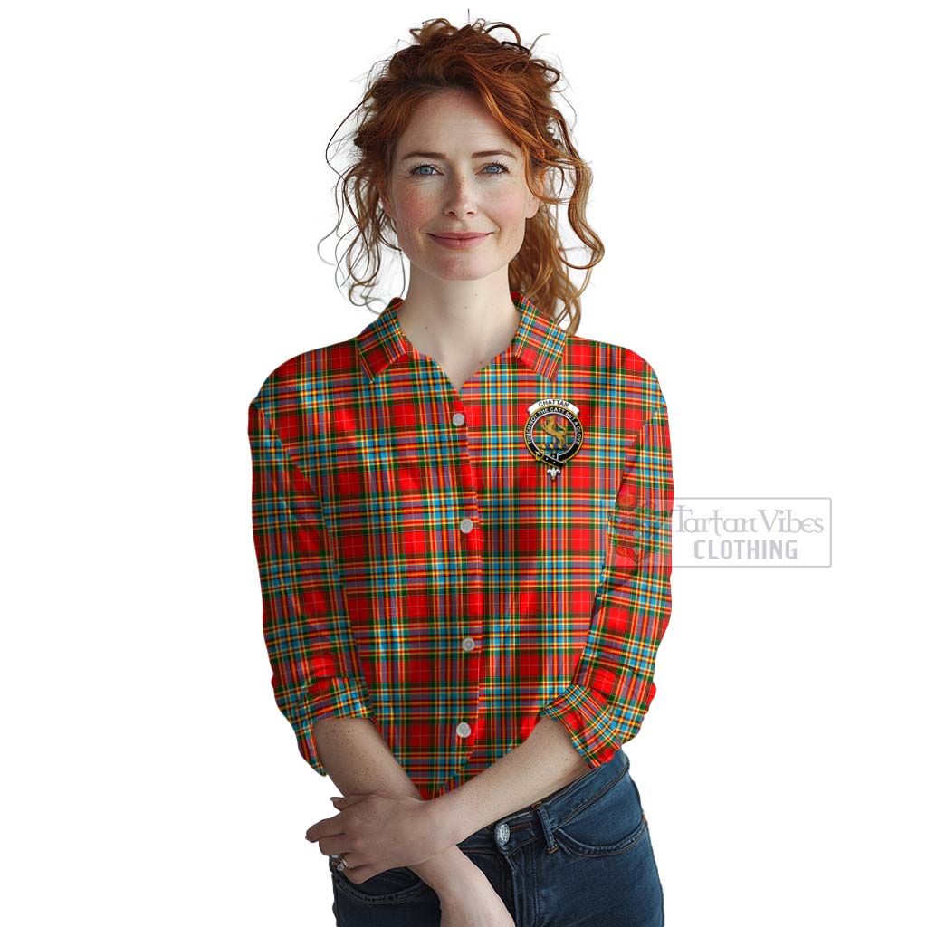 Tartan Vibes Clothing Chattan Tartan Women's Casual Shirt with Family Crest Celtic Skull Style