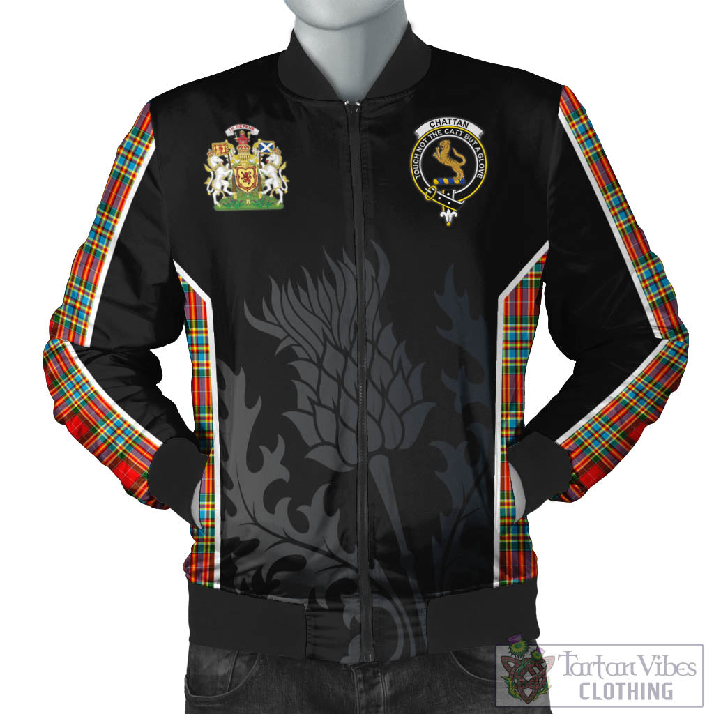 Tartan Vibes Clothing Chattan Tartan Bomber Jacket with Family Crest and Scottish Thistle Vibes Sport Style