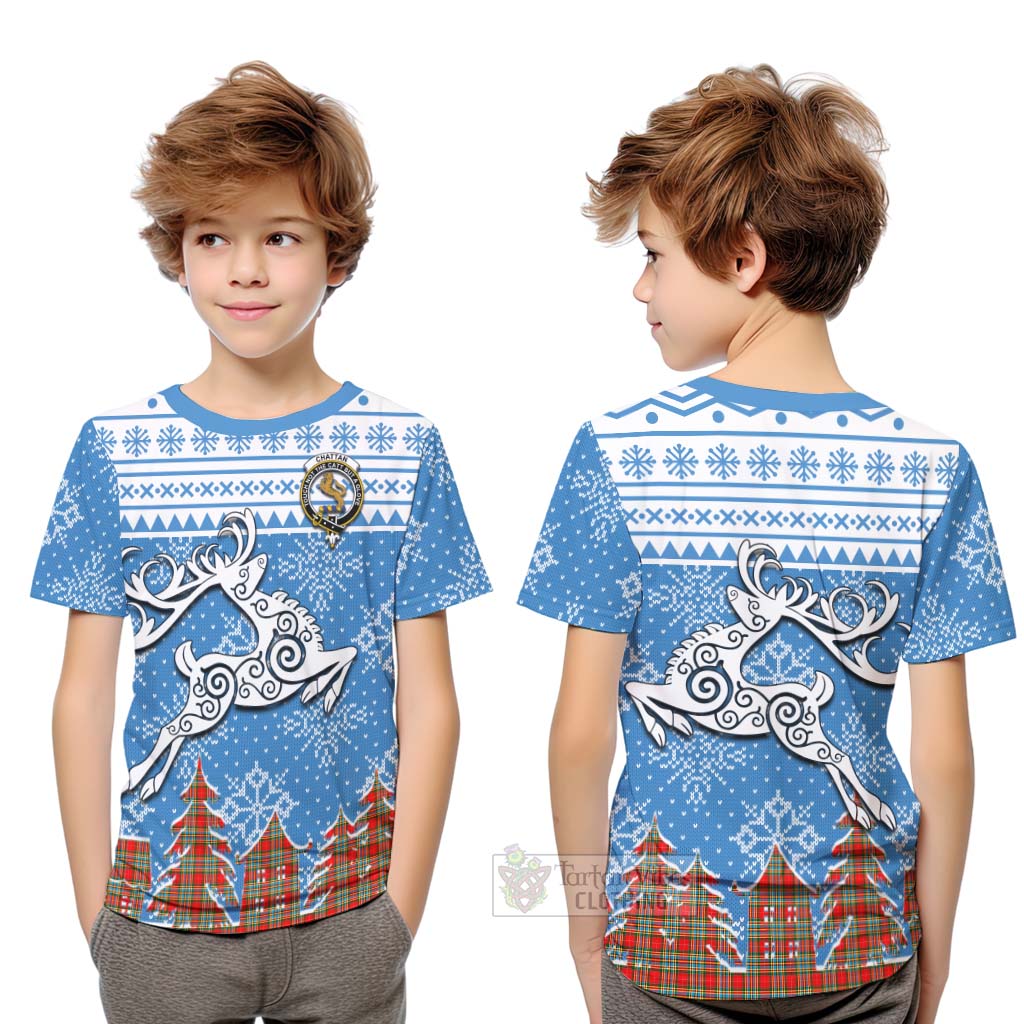 Tartan Vibes Clothing Chattan Clan Christmas Kid T-Shirt Celtic Reindeer Style