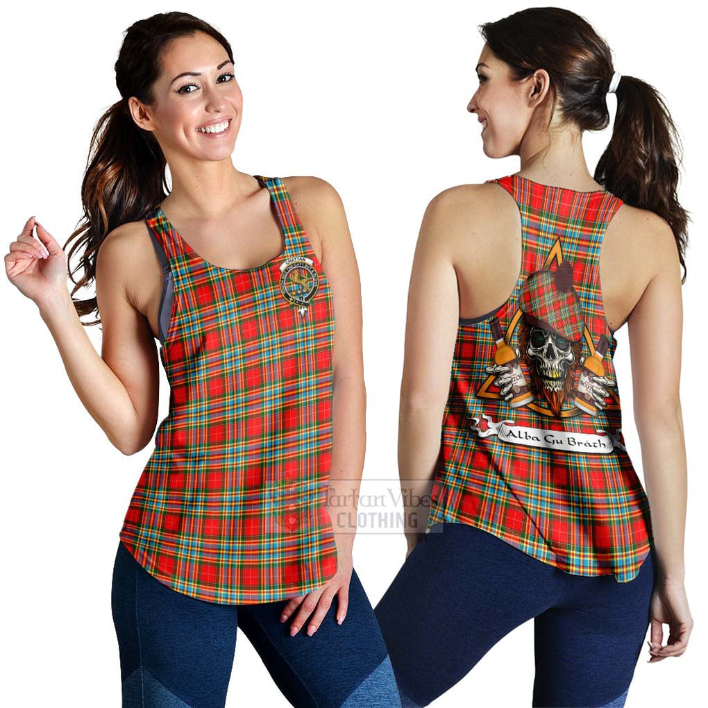 Tartan Vibes Clothing Chattan Tartan Women's Racerback Tanks with Family Crest and Bearded Skull Holding Bottles of Whiskey