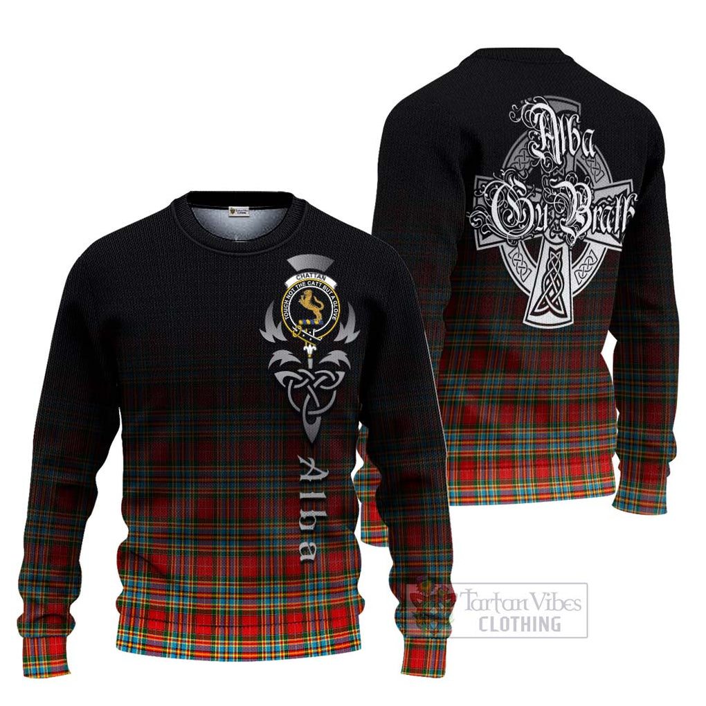 Tartan Vibes Clothing Chattan Tartan Knitted Sweater Featuring Alba Gu Brath Family Crest Celtic Inspired