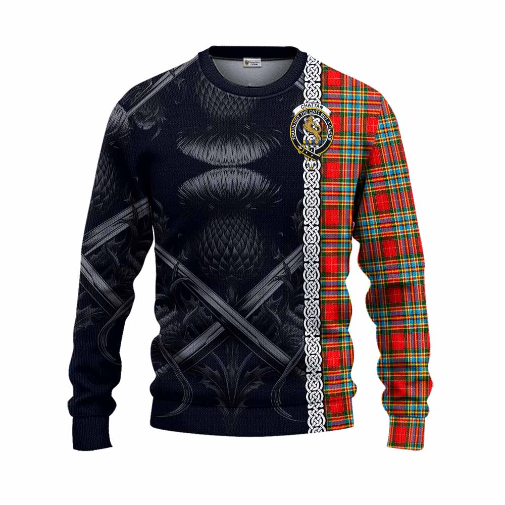 Tartan Vibes Clothing Chattan Tartan Knitted Sweater with Family Crest Cross Sword Thistle Celtic Vibes