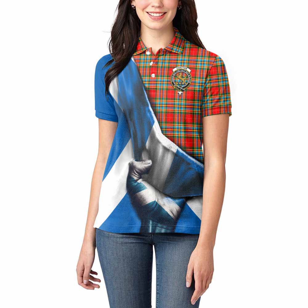 Tartan Vibes Clothing Chattan Tartan Women's Polo Shirt with Family Crest Scotland Patriotic Style