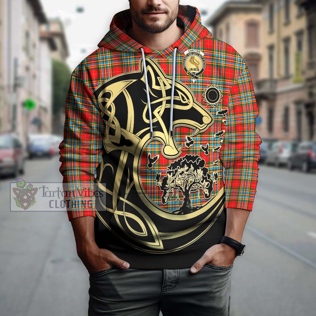 Tartan Vibes Clothing Chattan Tartan Hoodie with Family Crest Celtic Wolf Style