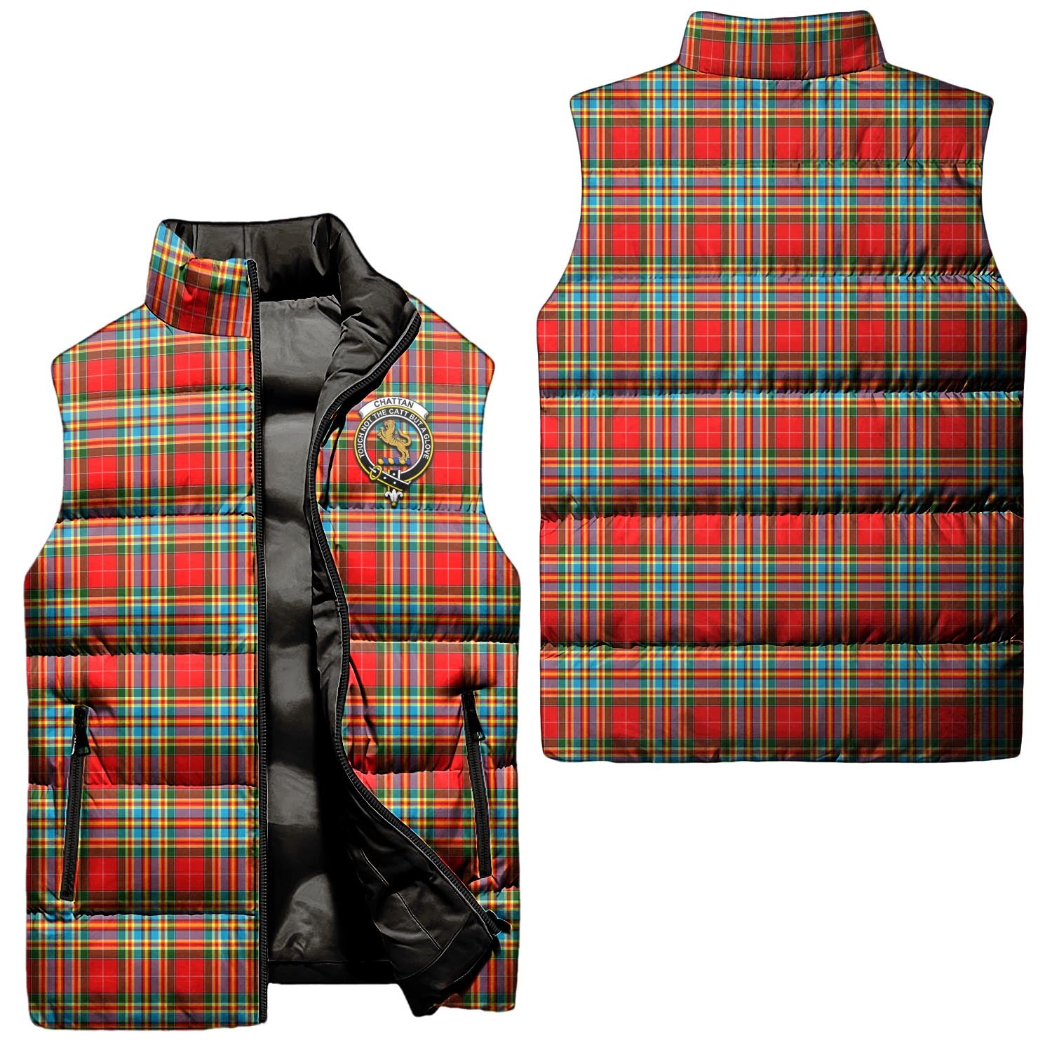 Chattan Tartan Sleeveless Puffer Jacket with Family Crest Unisex - Tartanvibesclothing