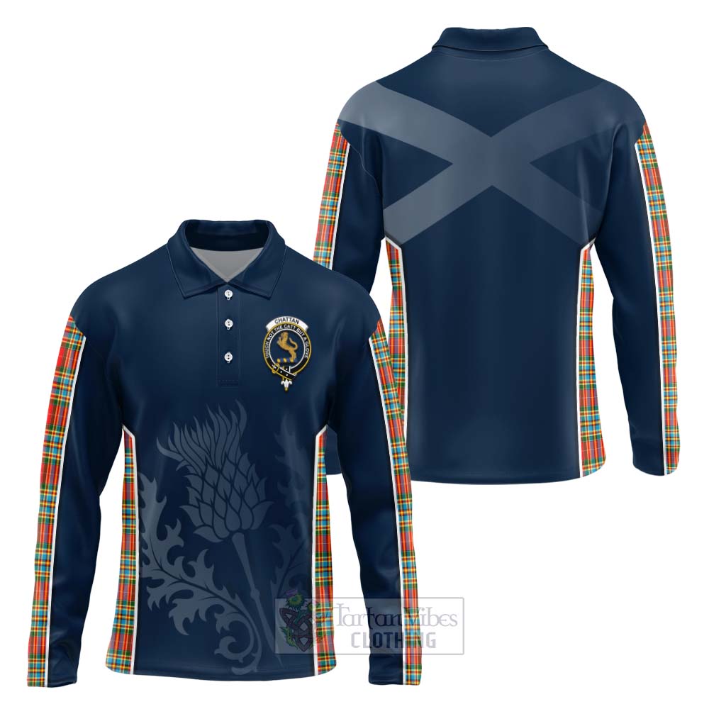 Tartan Vibes Clothing Chattan Tartan Long Sleeve Polo Shirt with Family Crest and Scottish Thistle Vibes Sport Style