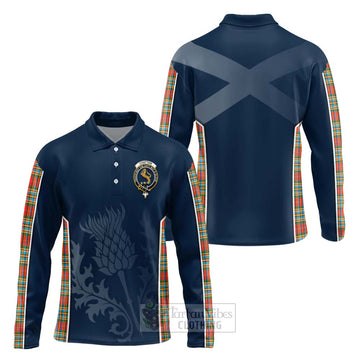 Chattan Tartan Long Sleeve Polo Shirt with Family Crest and Scottish Thistle Vibes Sport Style