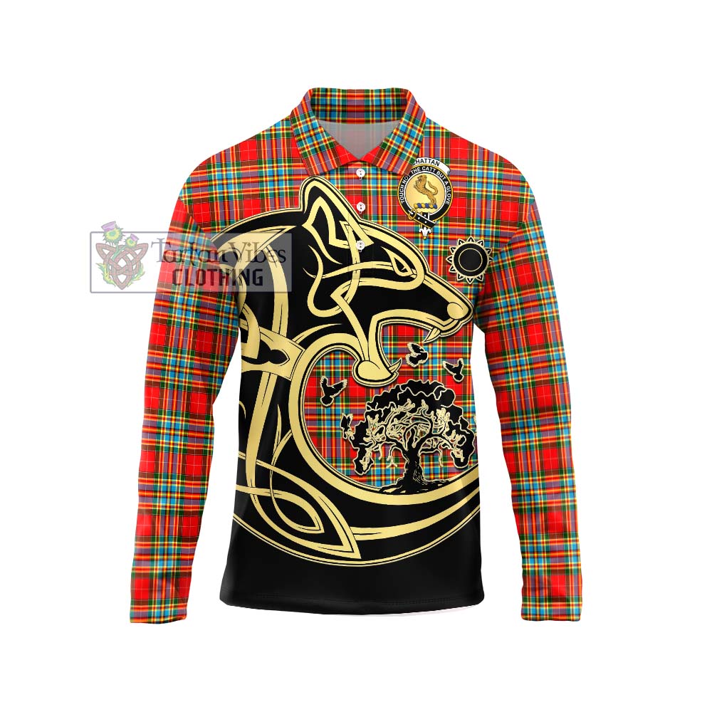 Tartan Vibes Clothing Chattan Tartan Long Sleeve Polo Shirt with Family Crest Celtic Wolf Style