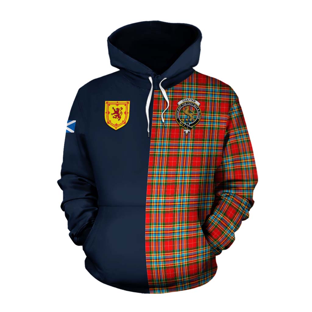 Tartan Vibes Clothing Chattan Tartan Cotton Hoodie Alba with Scottish Lion Royal Arm Half Style