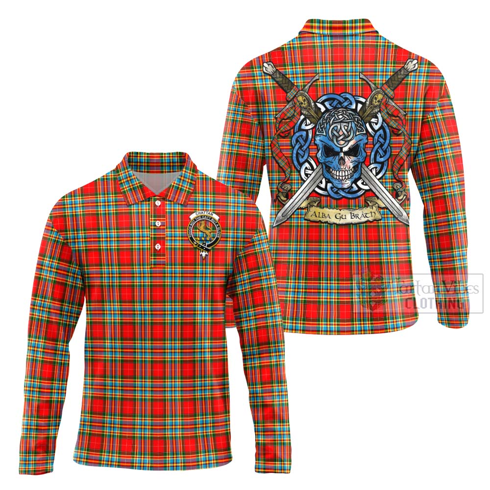 Tartan Vibes Clothing Chattan Tartan Long Sleeve Polo Shirt with Family Crest Celtic Skull Style