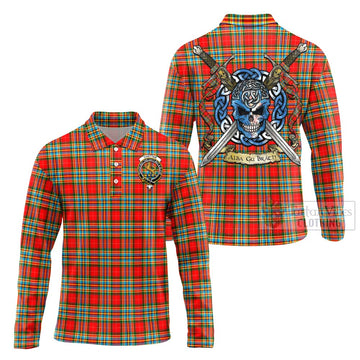 Chattan Tartan Long Sleeve Polo Shirt with Family Crest Celtic Skull Style