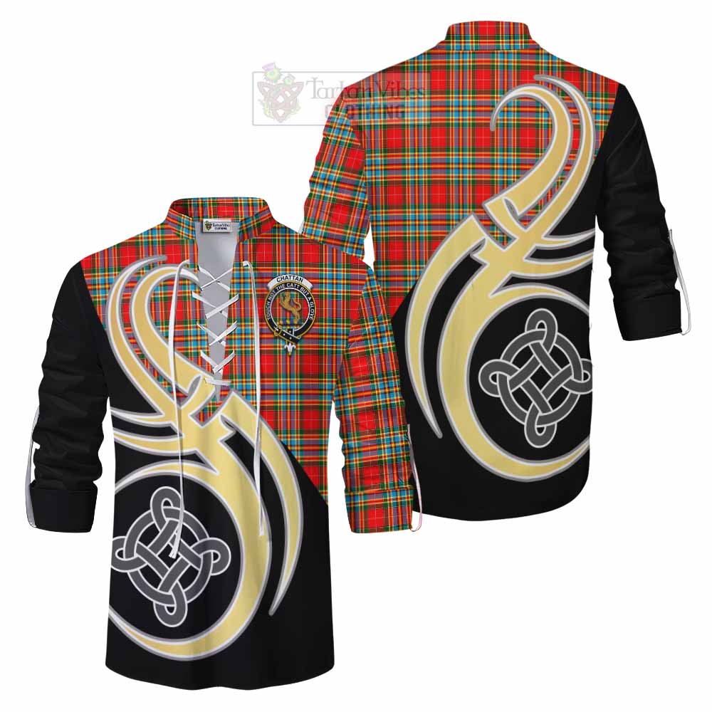 Tartan Vibes Clothing Chattan Tartan Ghillie Kilt Shirt with Family Crest and Celtic Symbol Style