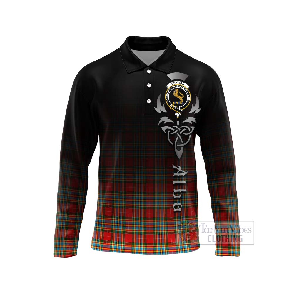 Tartan Vibes Clothing Chattan Tartan Long Sleeve Polo Shirt Featuring Alba Gu Brath Family Crest Celtic Inspired