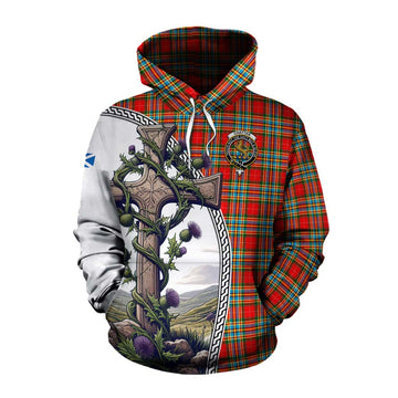 Chattan Tartan Cotton Hoodie with Family Crest and St. Andrew's Cross Accented by Thistle Vines