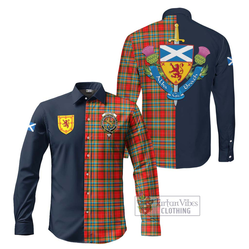 Tartan Vibes Clothing Chattan Tartan Long Sleeve Button Shirt with Scottish Lion Royal Arm Half Style