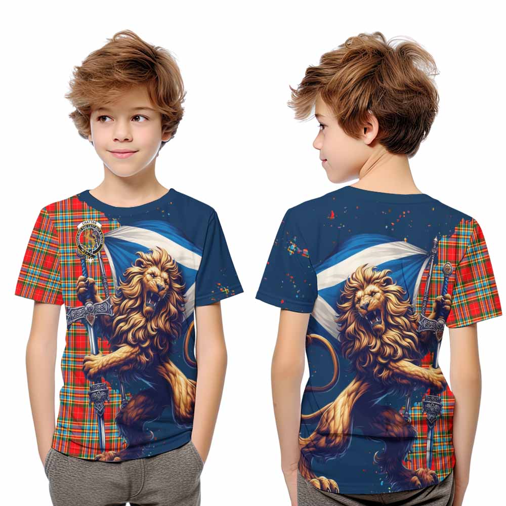 Tartan Vibes Clothing Chattan Tartan Family Crest Kid T-Shirt with Scottish Majestic Lion