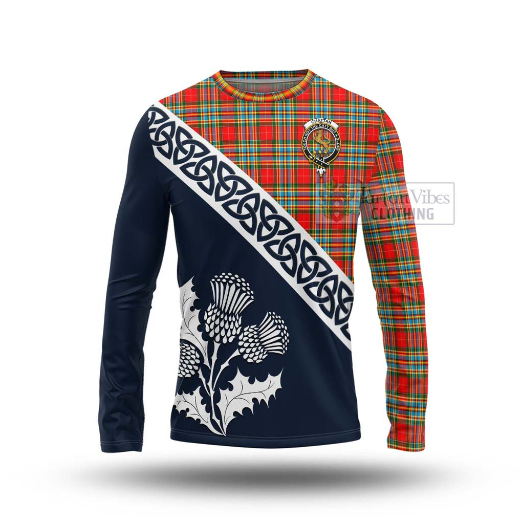 Tartan Vibes Clothing Chattan Tartan Long Sleeve T-Shirt Featuring Thistle and Scotland Map