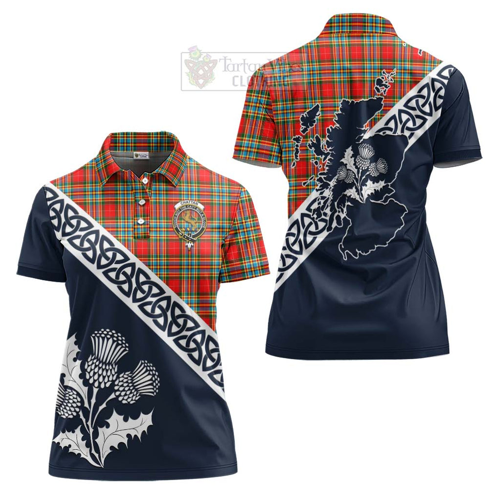 Tartan Vibes Clothing Chattan Tartan Women's Polo Shirt Featuring Thistle and Scotland Map