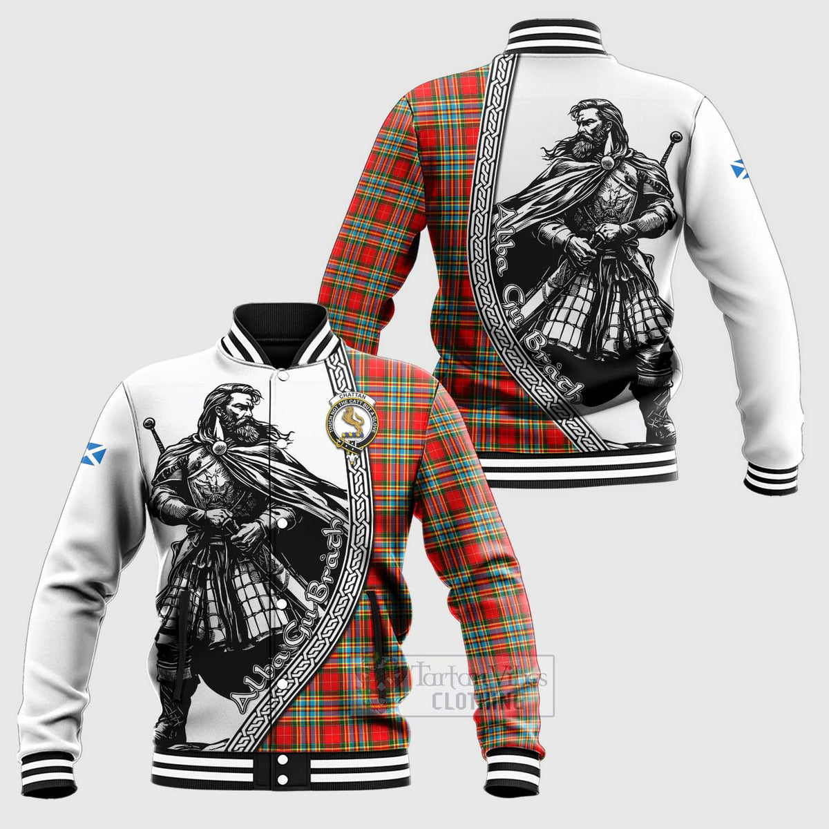 Chattan Tartan Clan Crest Baseball Jacket with Highlander Warrior Celtic Style Unisex - Tartan Vibes Clothing