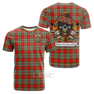 Chattan Tartan Cotton T-shirt with Family Crest and Bearded Skull Holding Bottles of Whiskey