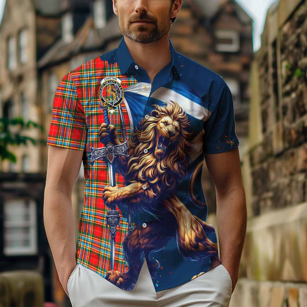 Tartan Vibes Clothing Chattan Tartan Family Crest Short Sleeve Button Shirt with Scottish Majestic Lion