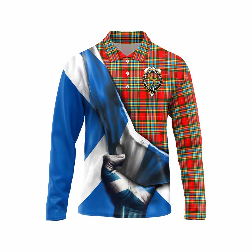 Tartan Vibes Clothing Chattan Tartan Long Sleeve Polo Shirt with Family Crest Scotland Patriotic Style