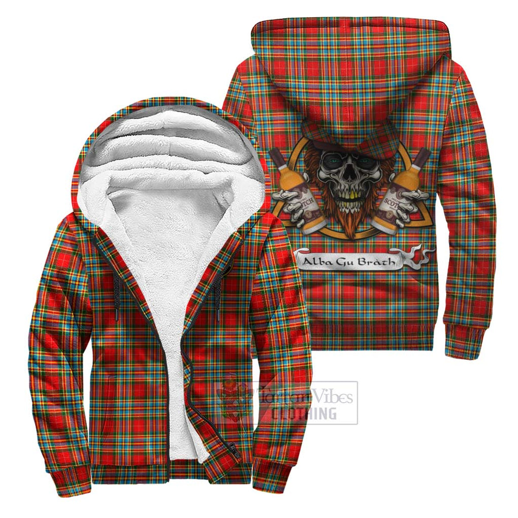 Tartan Vibes Clothing Chattan Tartan Sherpa Hoodie with Family Crest and Bearded Skull Holding Bottles of Whiskey