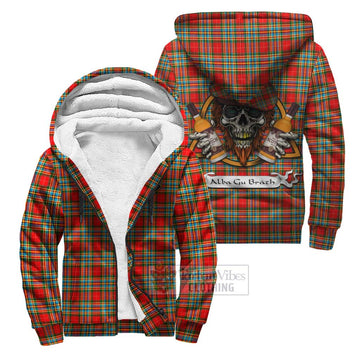 Chattan Tartan Sherpa Hoodie with Family Crest and Bearded Skull Holding Bottles of Whiskey