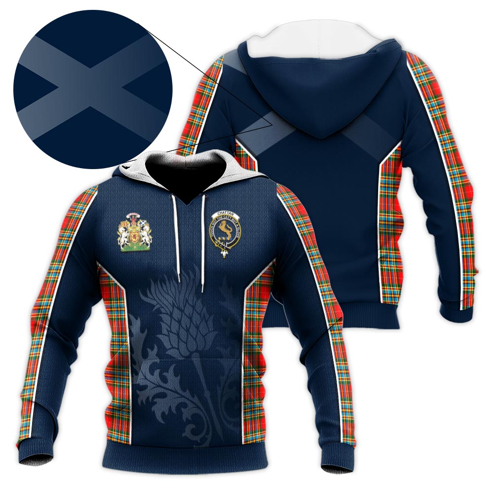 Tartan Vibes Clothing Chattan Tartan Knitted Hoodie with Family Crest and Scottish Thistle Vibes Sport Style