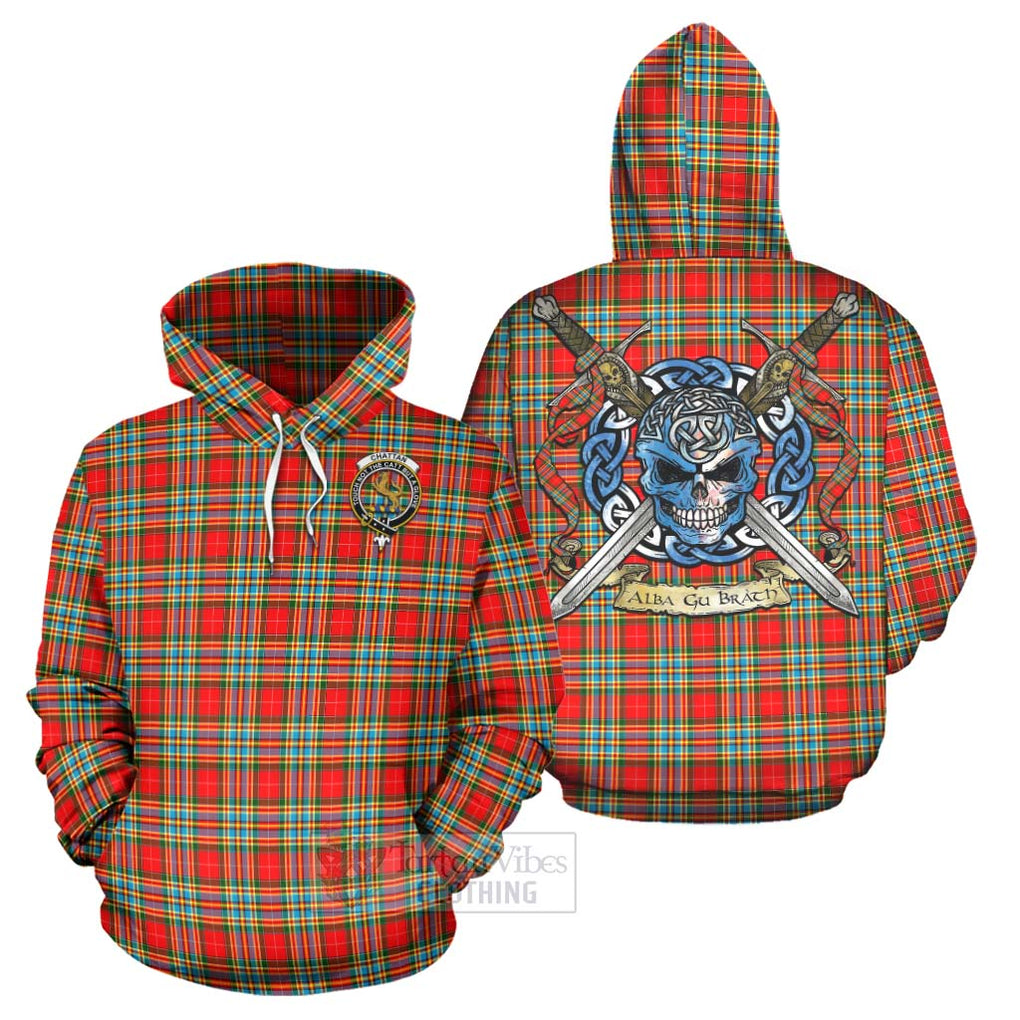 Tartan Vibes Clothing Chattan Tartan Hoodie with Family Crest Celtic Skull Style