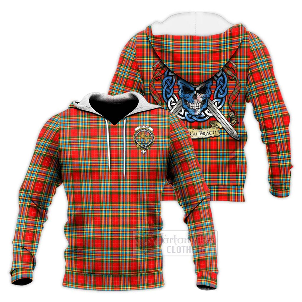 Tartan Vibes Clothing Chattan Tartan Knitted Hoodie with Family Crest Celtic Skull Style