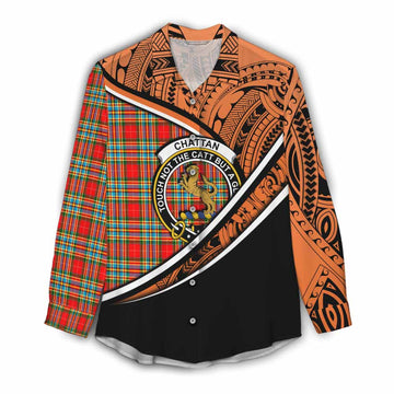 Chattan Crest Tartan Women's Casual Shirt with Polynesian Vibes Style - Orange Version