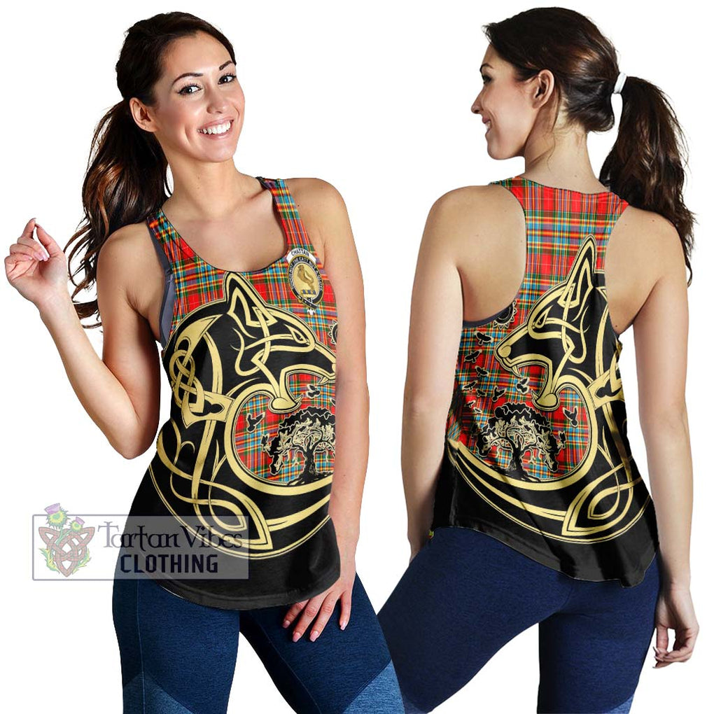 Chattan Tartan Women's Racerback Tanks with Family Crest Celtic Wolf Style 4XL - Tartan Vibes Clothing