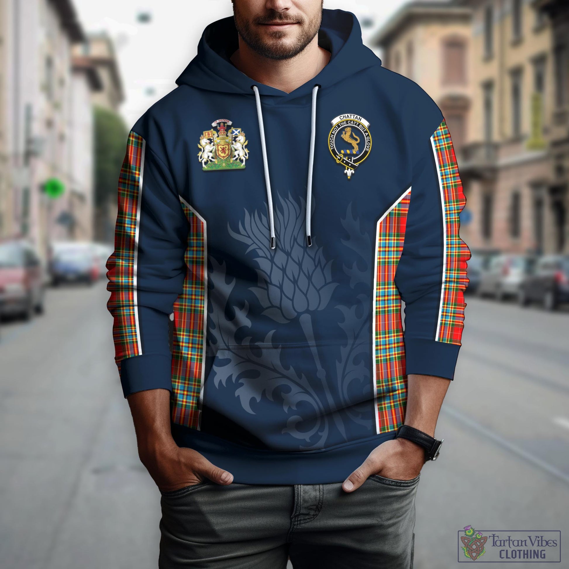 Tartan Vibes Clothing Chattan Tartan Hoodie with Family Crest and Scottish Thistle Vibes Sport Style
