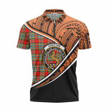 Chattan Crest Tartan Zipper Polo Shirt with Polynesian Vibes Style - Orange Version