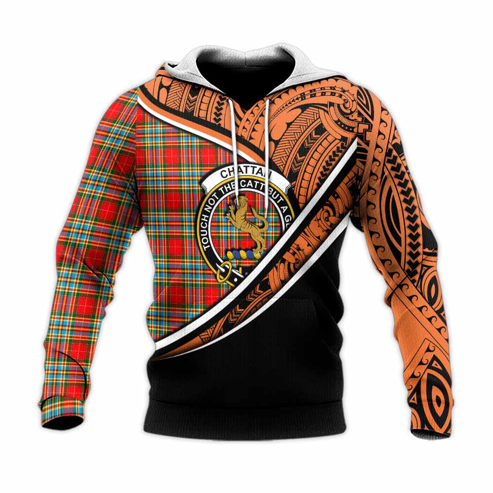 Tartan Vibes Clothing Chattan Crest Tartan Knitted Hoodie with Maori Tattoo Style - Orange Version