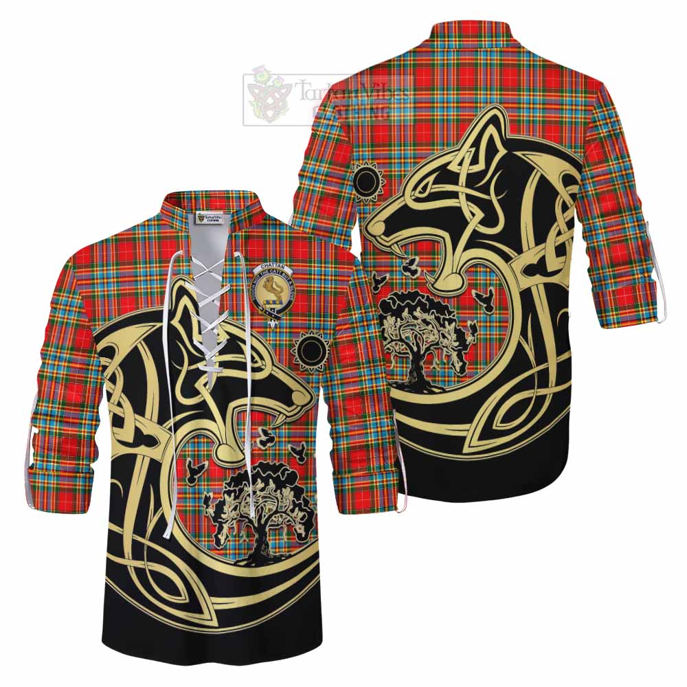 Tartan Vibes Clothing Chattan Tartan Ghillie Kilt Shirt with Family Crest Celtic Wolf Style