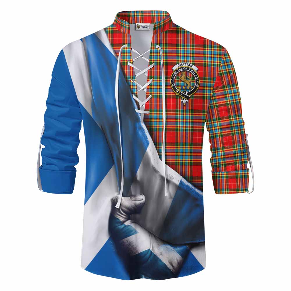 Tartan Vibes Clothing Chattan Tartan Ghillie Kilt Shirt with Family Crest Scotland Patriotic Style