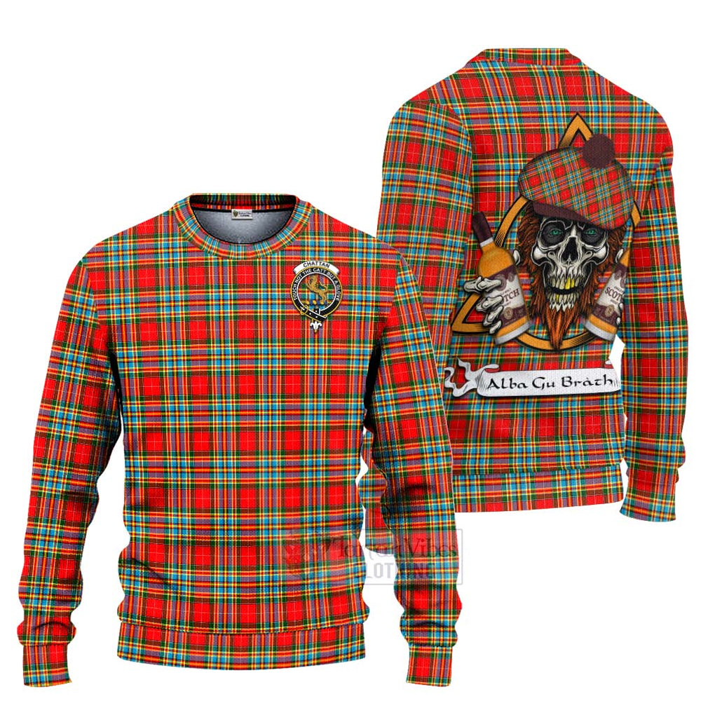 Tartan Vibes Clothing Chattan Tartan Knitted Sweater with Family Crest and Bearded Skull Holding Bottles of Whiskey