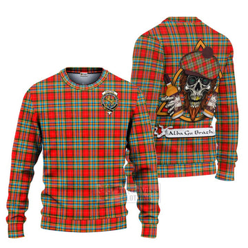 Chattan Tartan Ugly Sweater with Family Crest and Bearded Skull Holding Bottles of Whiskey