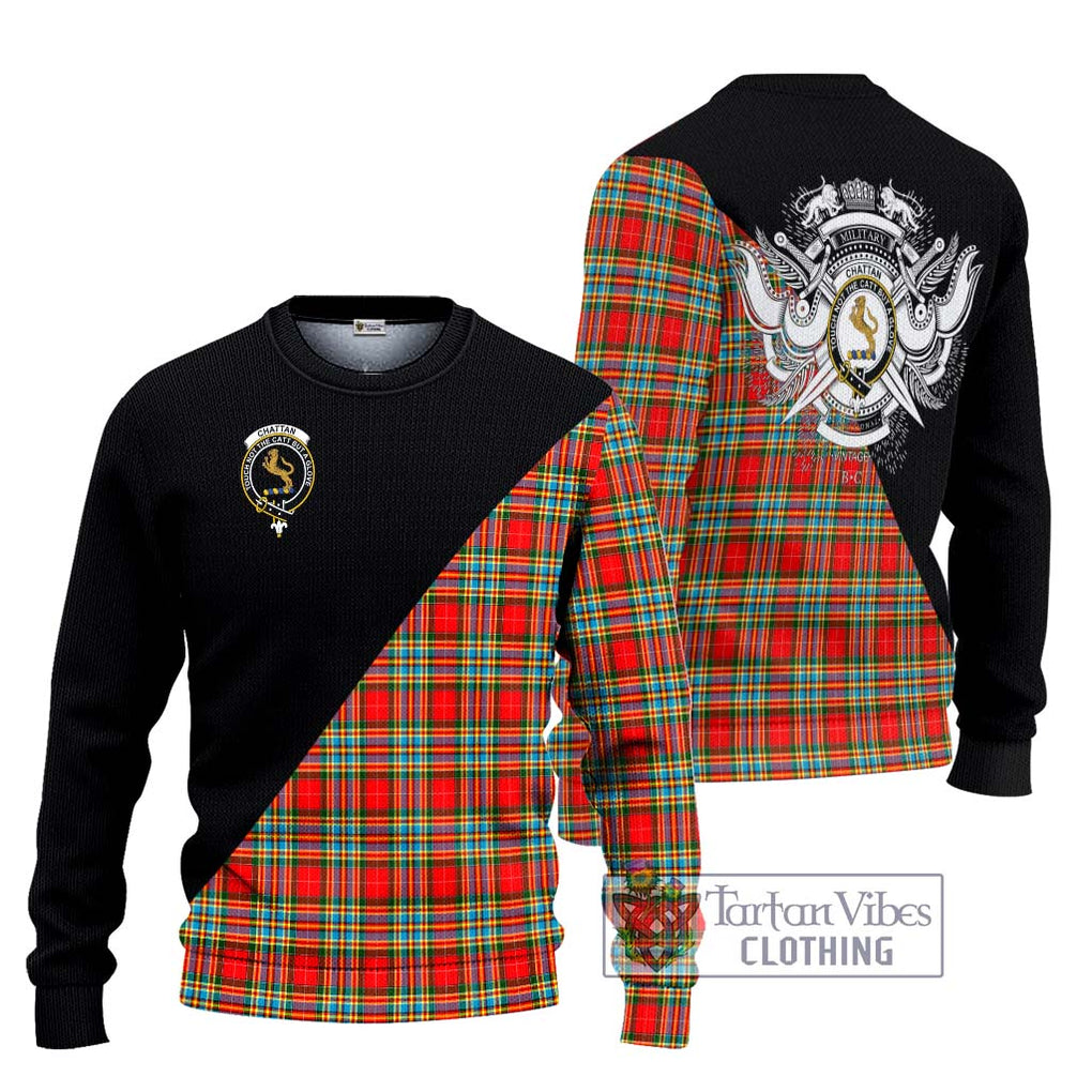 Chattan Tartan Knitted Sweater with Family Crest and Military Logo Style Unisex - Tartanvibesclothing Shop