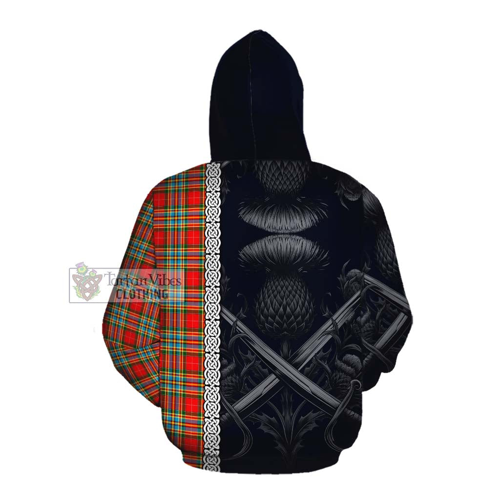 Tartan Vibes Clothing Chattan Tartan Cotton Hoodie with Family Crest Cross Sword Thistle Celtic Vibes