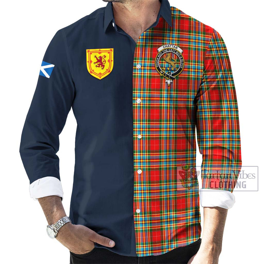 Tartan Vibes Clothing Chattan Tartan Long Sleeve Button Shirt with Scottish Lion Royal Arm Half Style