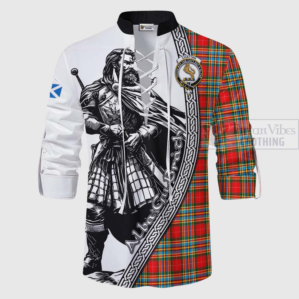 Tartan Vibes Clothing Chattan Tartan Clan Crest Ghillie Kilt Shirt with Highlander Warrior Celtic Style