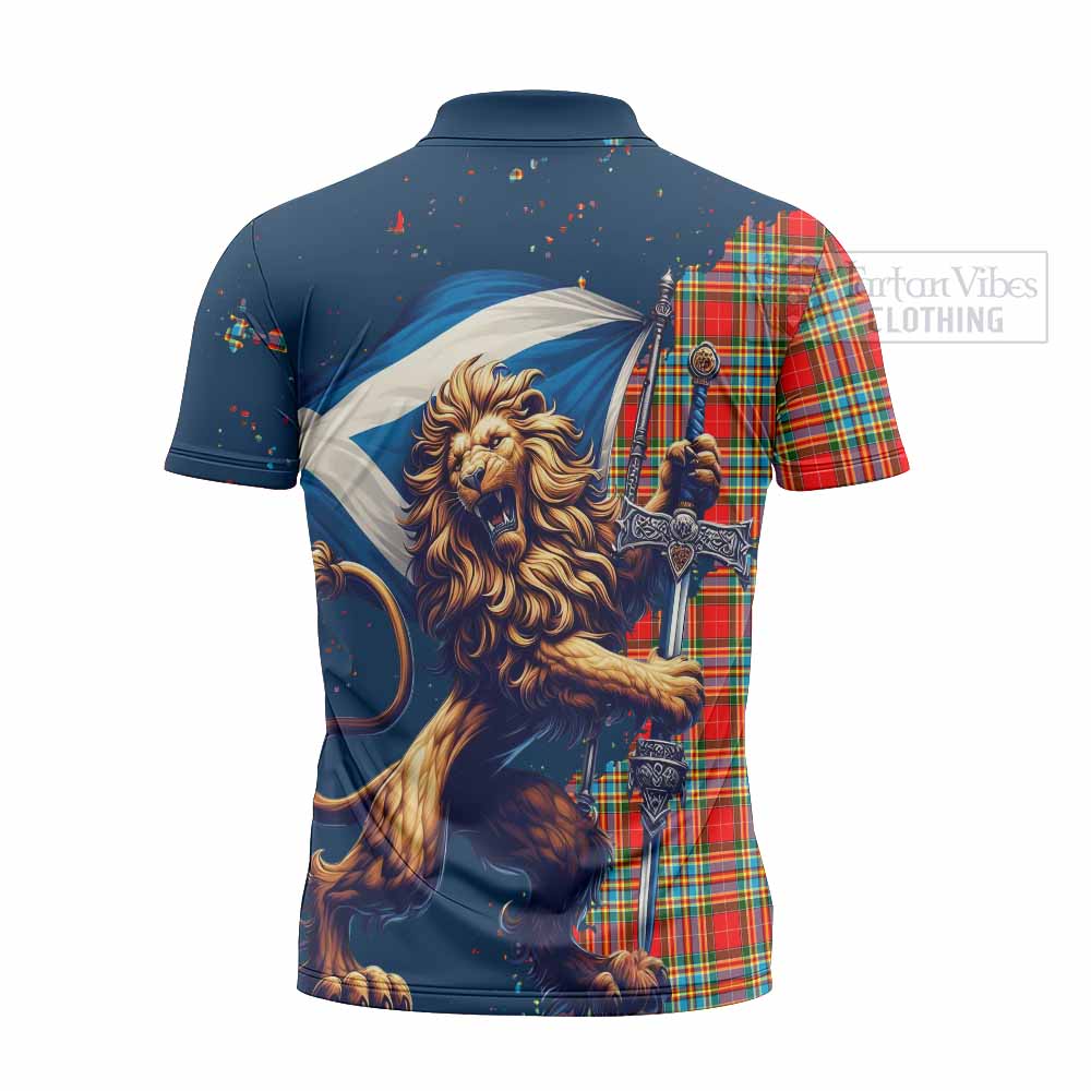 Tartan Vibes Clothing Chattan Tartan Family Crest Zipper Polo Shirt with Scottish Majestic Lion