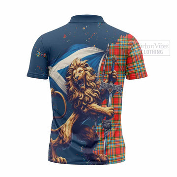 Chattan Tartan Family Crest Zipper Polo Shirt with Scottish Majestic Lion