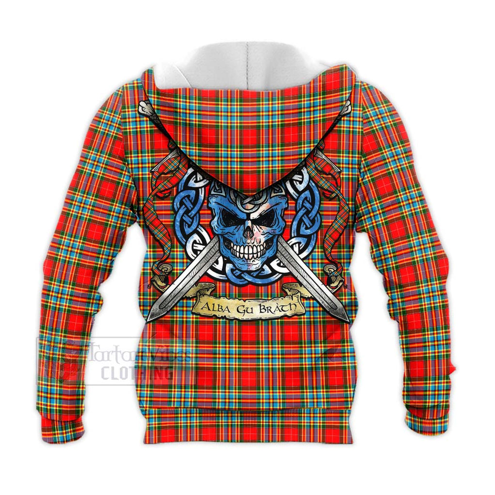 Tartan Vibes Clothing Chattan Tartan Knitted Hoodie with Family Crest Celtic Skull Style