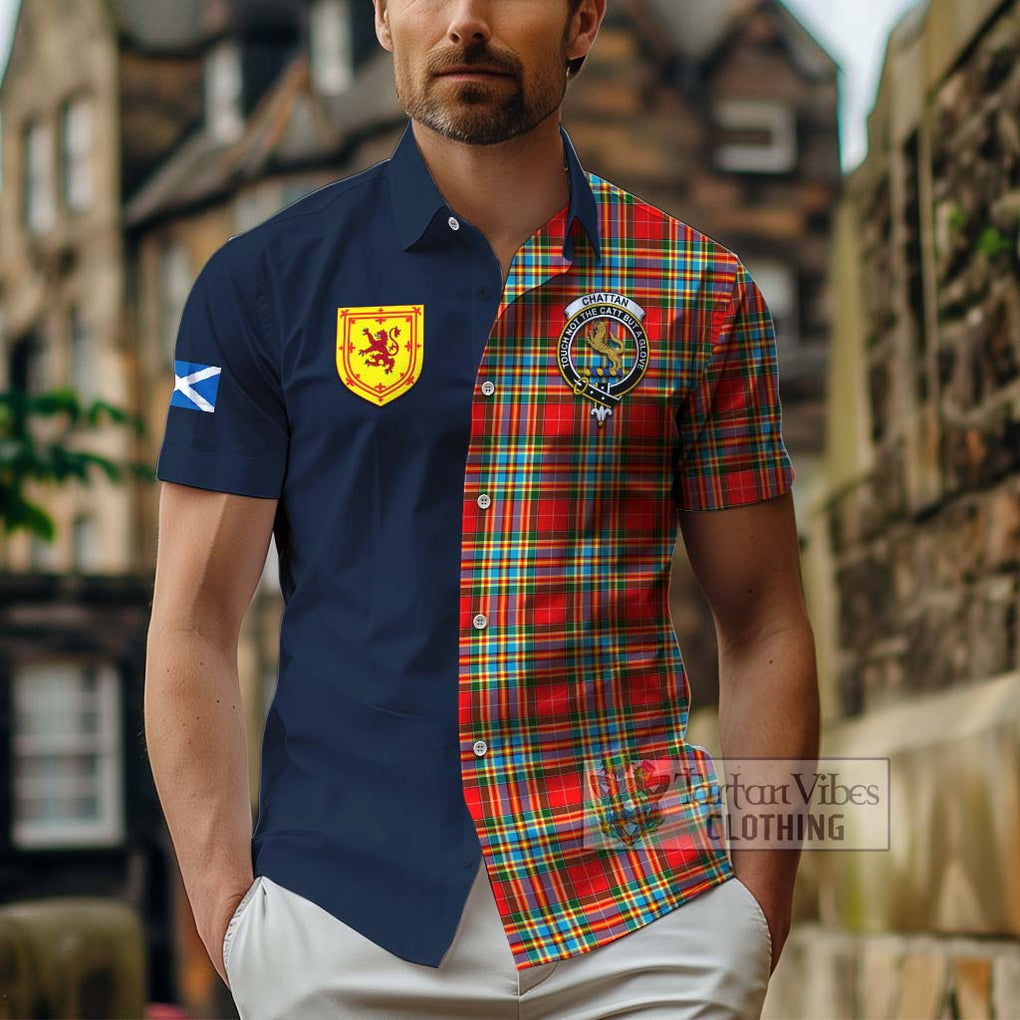 Tartan Vibes Clothing Chattan Tartan Short Sleeve Button Shirt with Scottish Lion Royal Arm Half Style